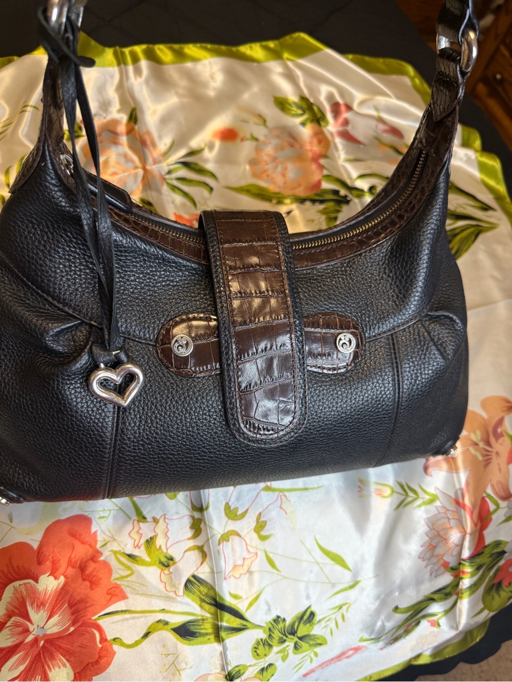 Brighton Black Pebbled Leather & Brown Croc-Embossed Shoulder Bag